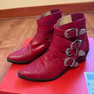 Toga Pulla Red Buckle Ankle Boot